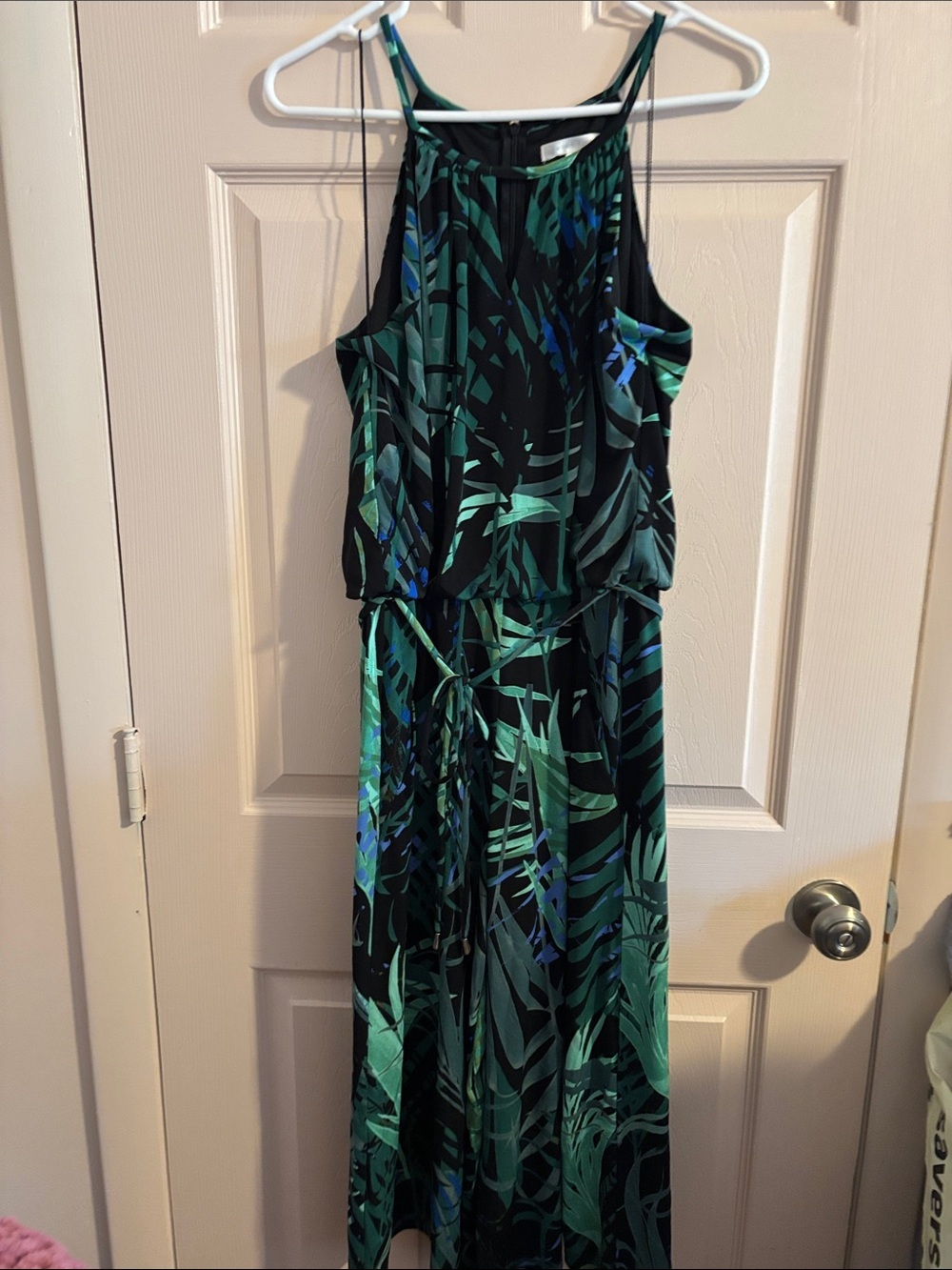 Tropical Leaf High-Neck Max pant Dress - Black & Green